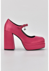 Pantofi cu aspect satinat si toc masiv, Fucsia