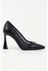 Pantofi din piele si material textil cu toc kitten - Negru/Argintiu