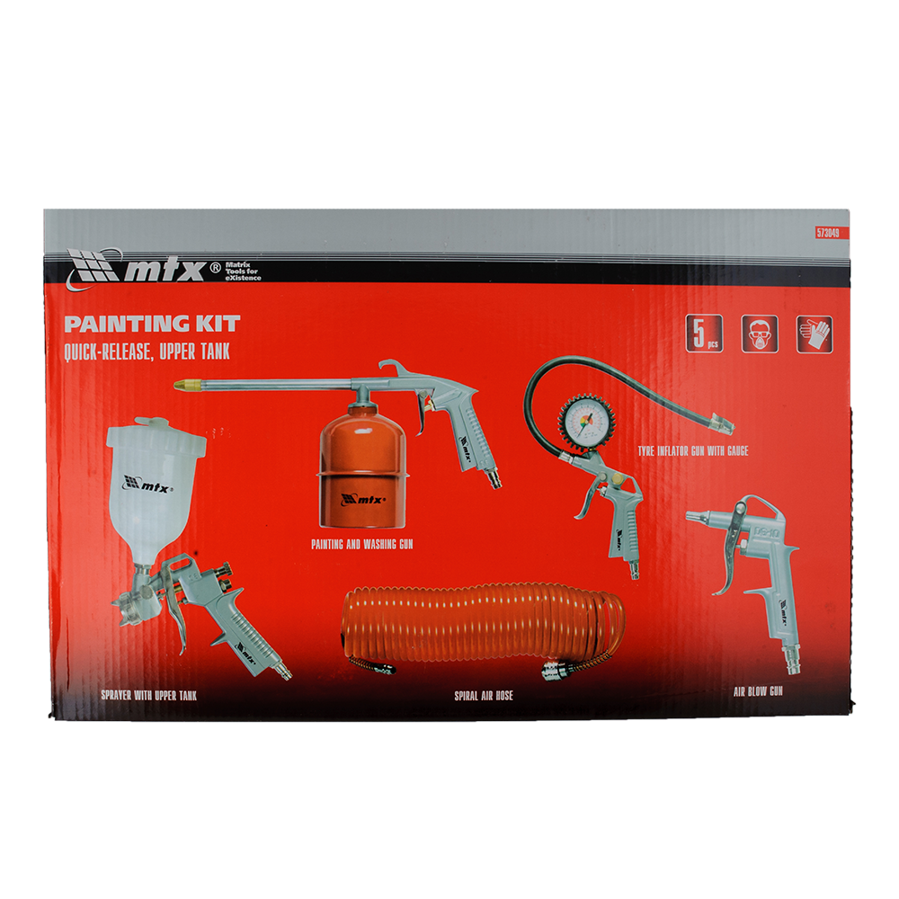 Set scule pneumatice MTX 573049, 5 piese, conexiuni rapide,pistol p/u vopsit+rezervor in partea de sus