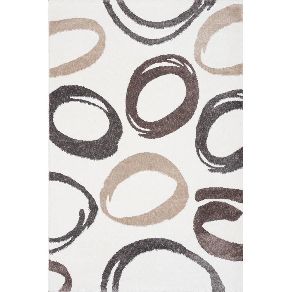 Covor modern Sintelon Creative O 09WBW 1K, poliester, model cu cercuri, alb, bej, maro, 70 x 140 cm