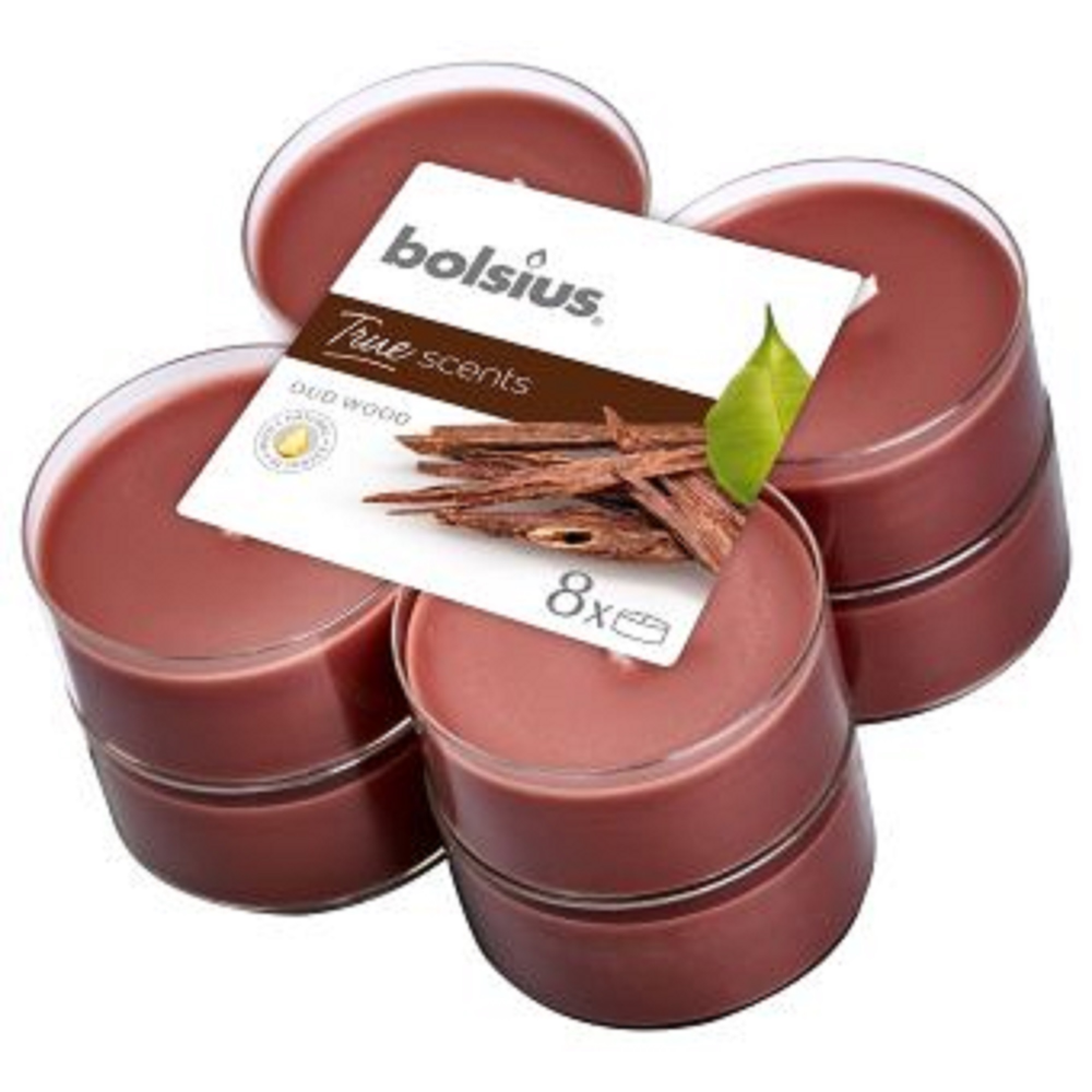 Set 8 lumanari parfumate tip pastila maxi Bolsius, maro, lemn de oud