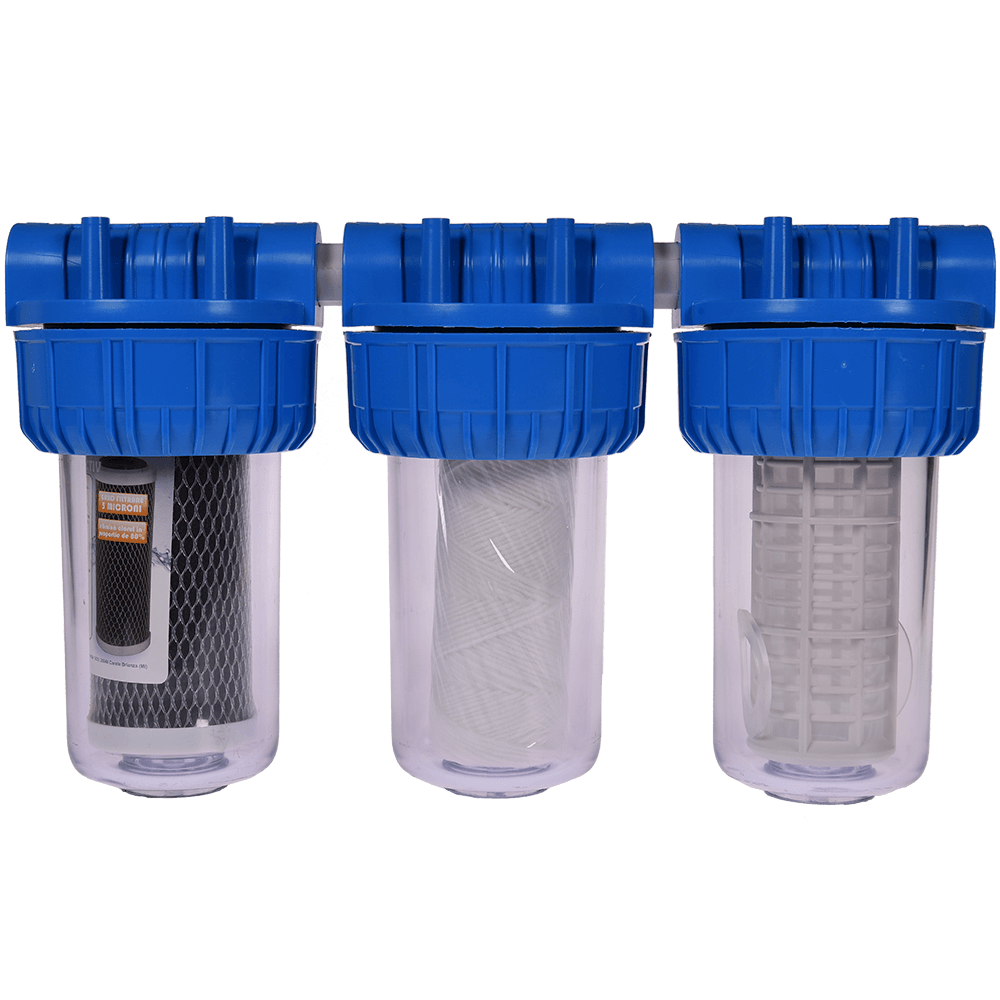 Filtru triplex de apa, carbune + polipropilena + sita, 7 cu 3/4 in linie
