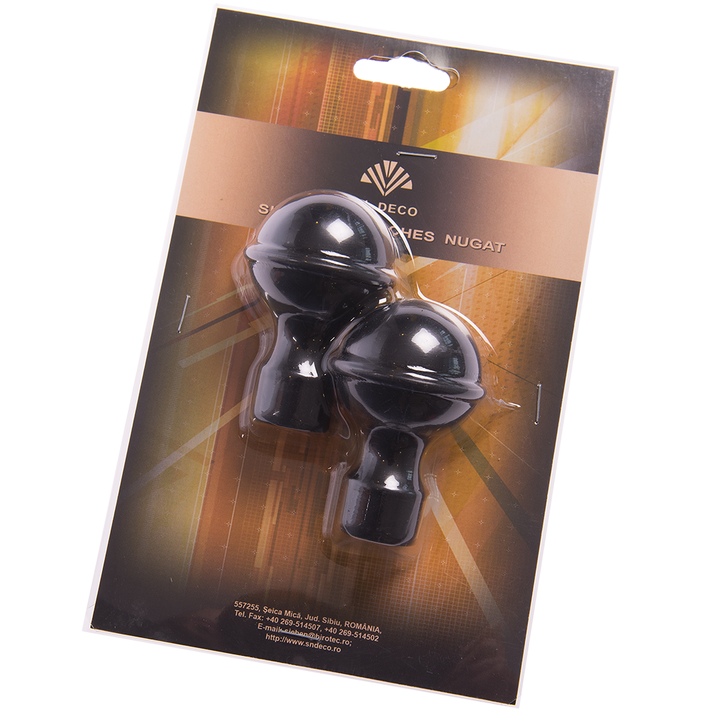 Set 2 capete pentru galerie metal forjat kugel negru, diametru 20 mm