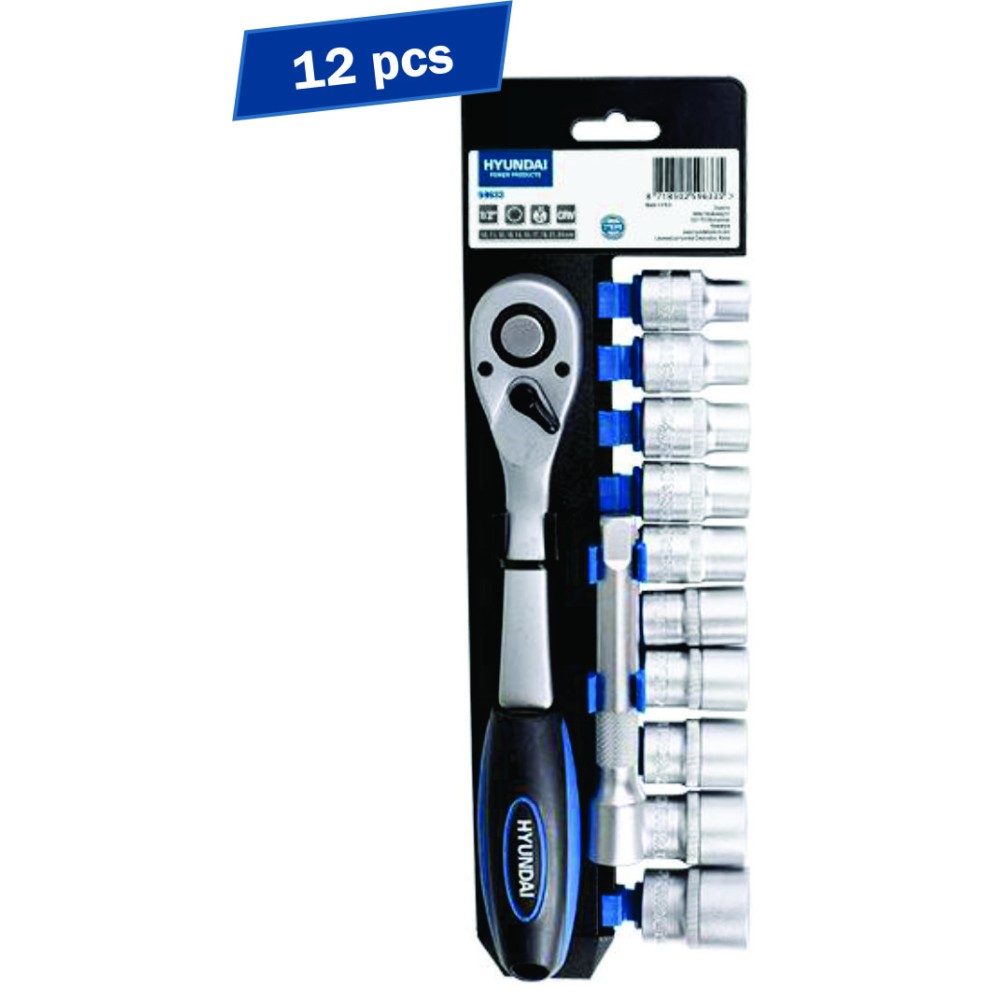 Set 12 chei clichet tubulare Hyundai HY-59633, otel aliat crom-vanadiu, albastru