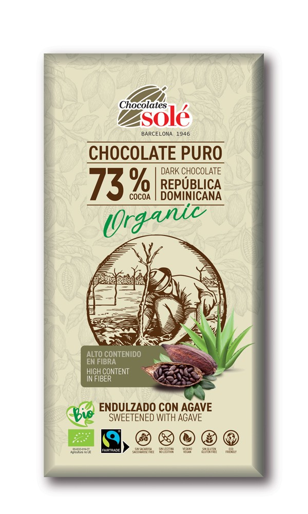 Ciocolata neagra BIO cu sirop de Agave, 73% cacao, Chocolates Sole 100 g