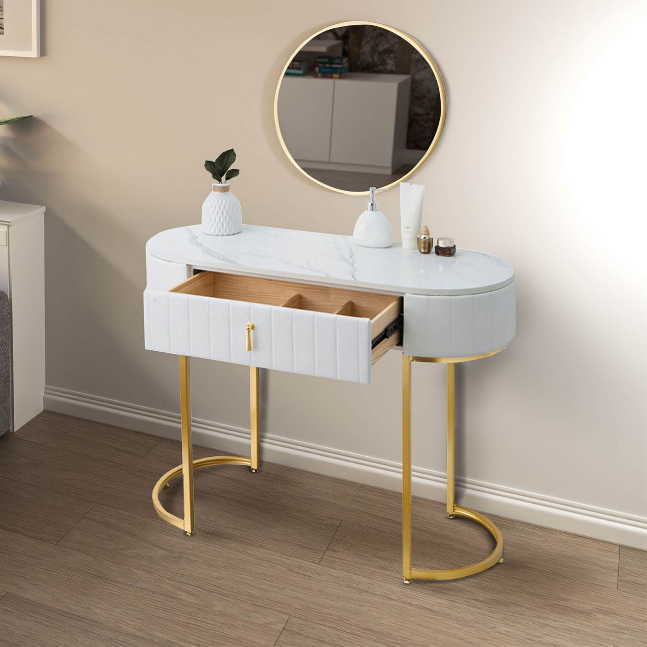SEA75 - Set Masa toaleta, 100 cm, cosmetica, masa machiaj cu oglinda, masuta vanity cu scaun - Alb-Auriu
