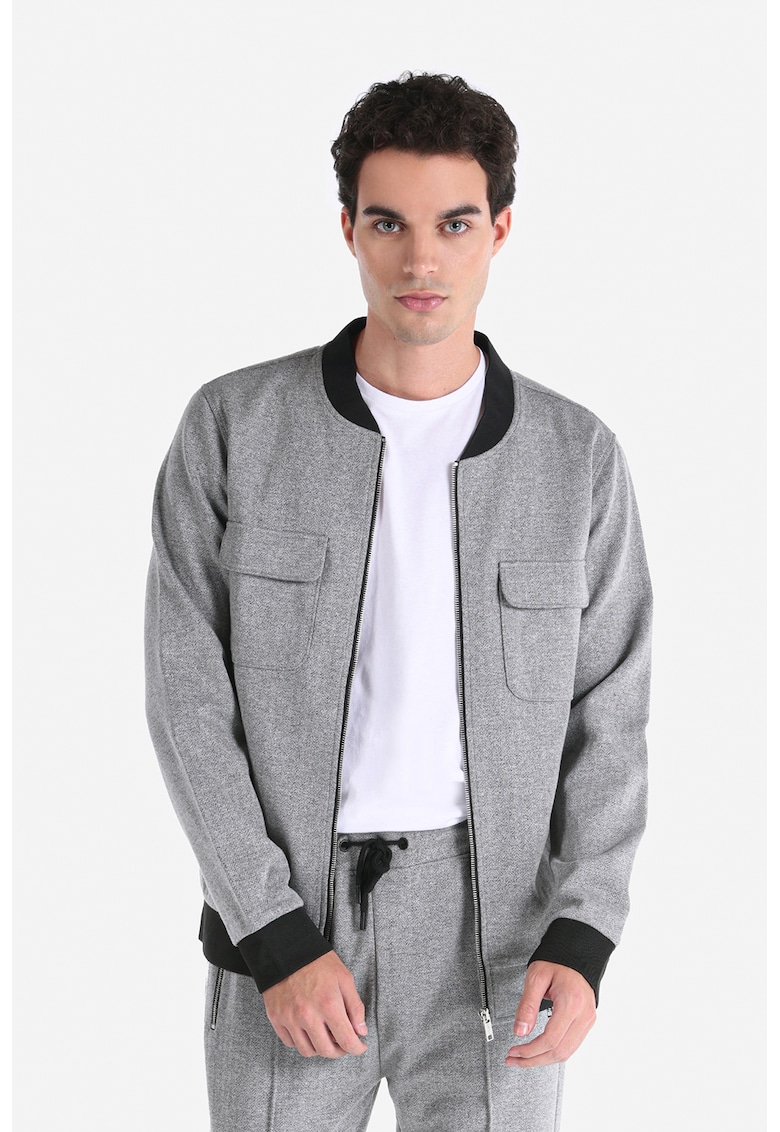 Jacheta cu fermoar si buzunare cu clapa - Gri melange