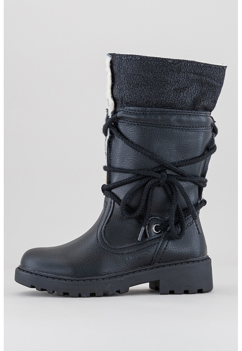 Cizme mid-calf de piele ecologica cu sireturi - Negru