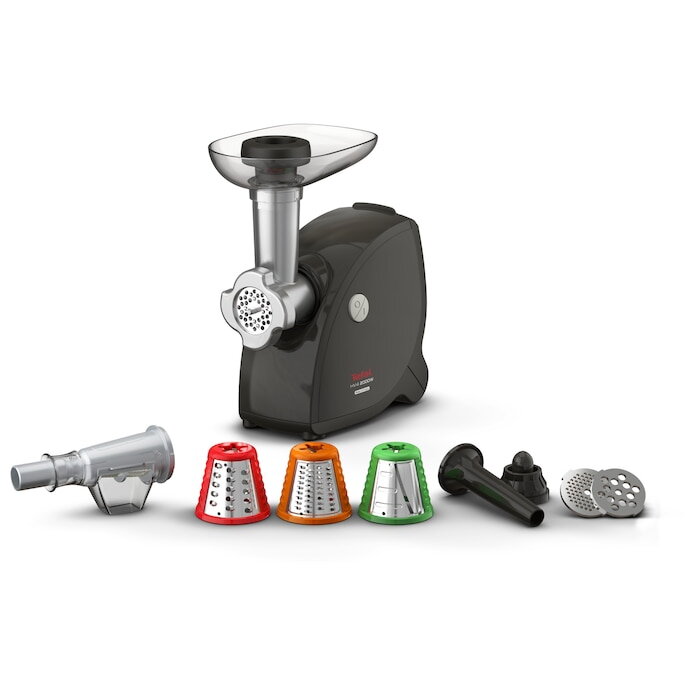 Masina de tocat carne Tefal NE477838, capacitate 2.3kg/min, 2000W, set 3 grile de inox, set 3 conuri pentru razuit, sertar pentru depozitare, accesoriu carnati/suc de rosii/kebbe, negru