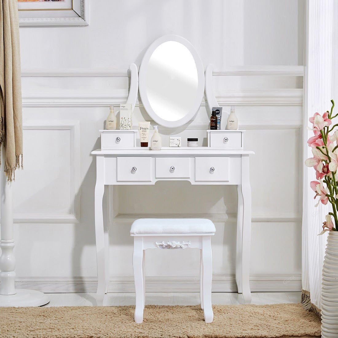SEA101 - Set Masa alba toaleta, 80 cm, cosmetica machiaj oglinda masuta vanity cu scaun tapitat