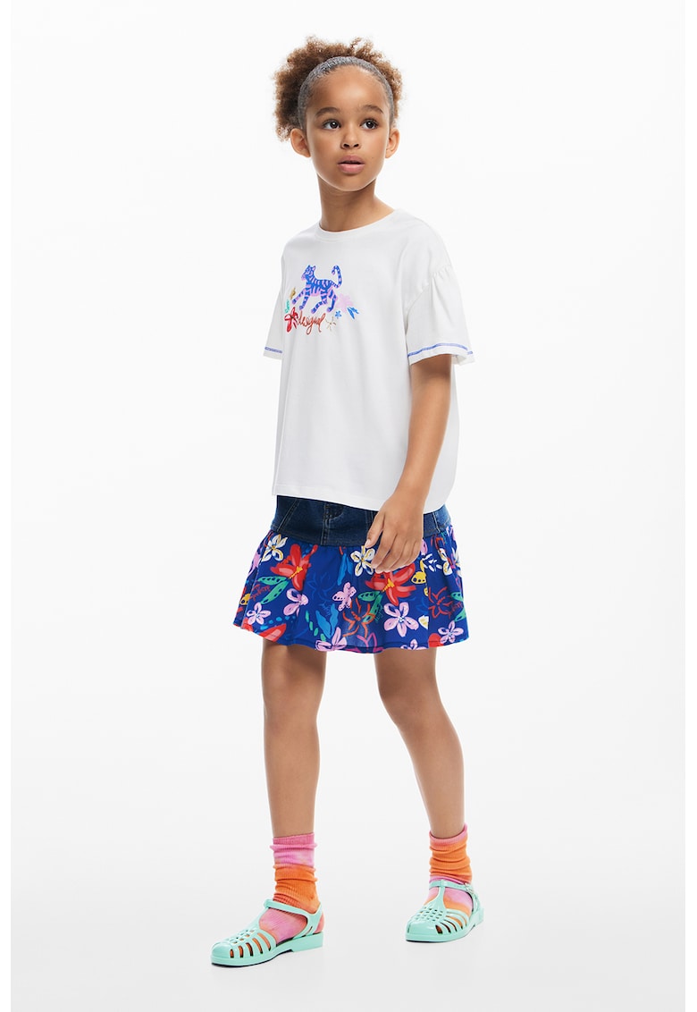 Tricou cu decolteu la baza gatului cu imprimeu, Alb