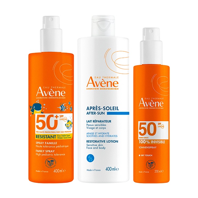 Pachet Avène – Spray protectie solara SPF 50+ 400 ml + Spray protectie solara 100% invizibil SPF 50 200 ml + Lotiune after sun - 400 ml