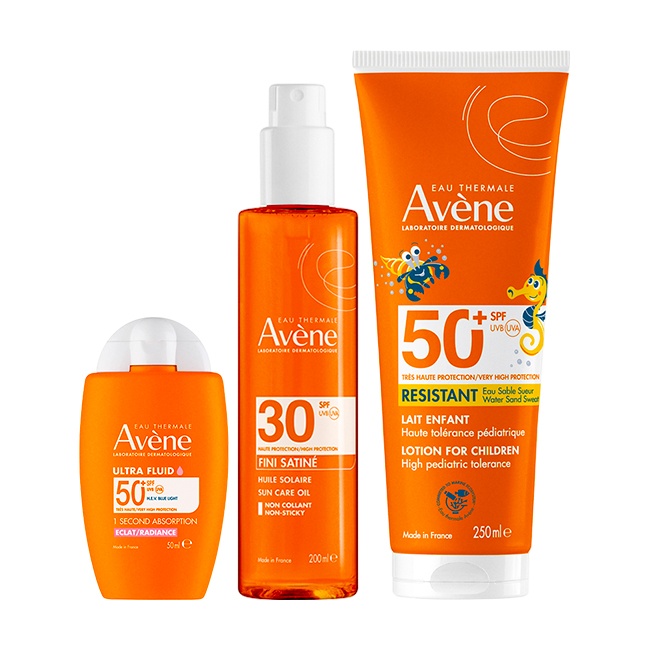 Pachet Avène – Fluid protectie solara fata Ultra Radiance SPF 50+ - 50 ml + Ulei satinat protectie solara SPF 30 - 200 ml + Lotiune protectie solara copii SPF 50+ - 250 ml