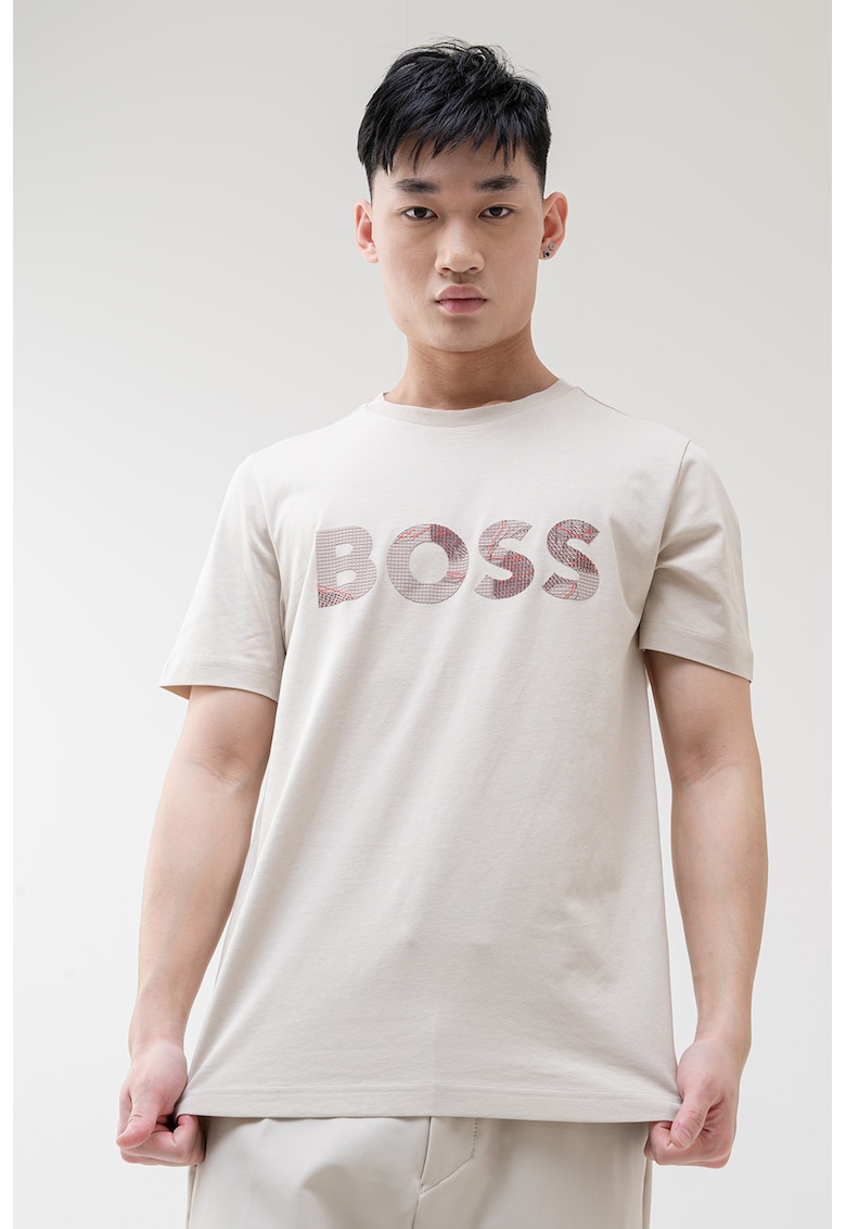 Tricou din bumbac cu imprimeu logo, Bej deschis