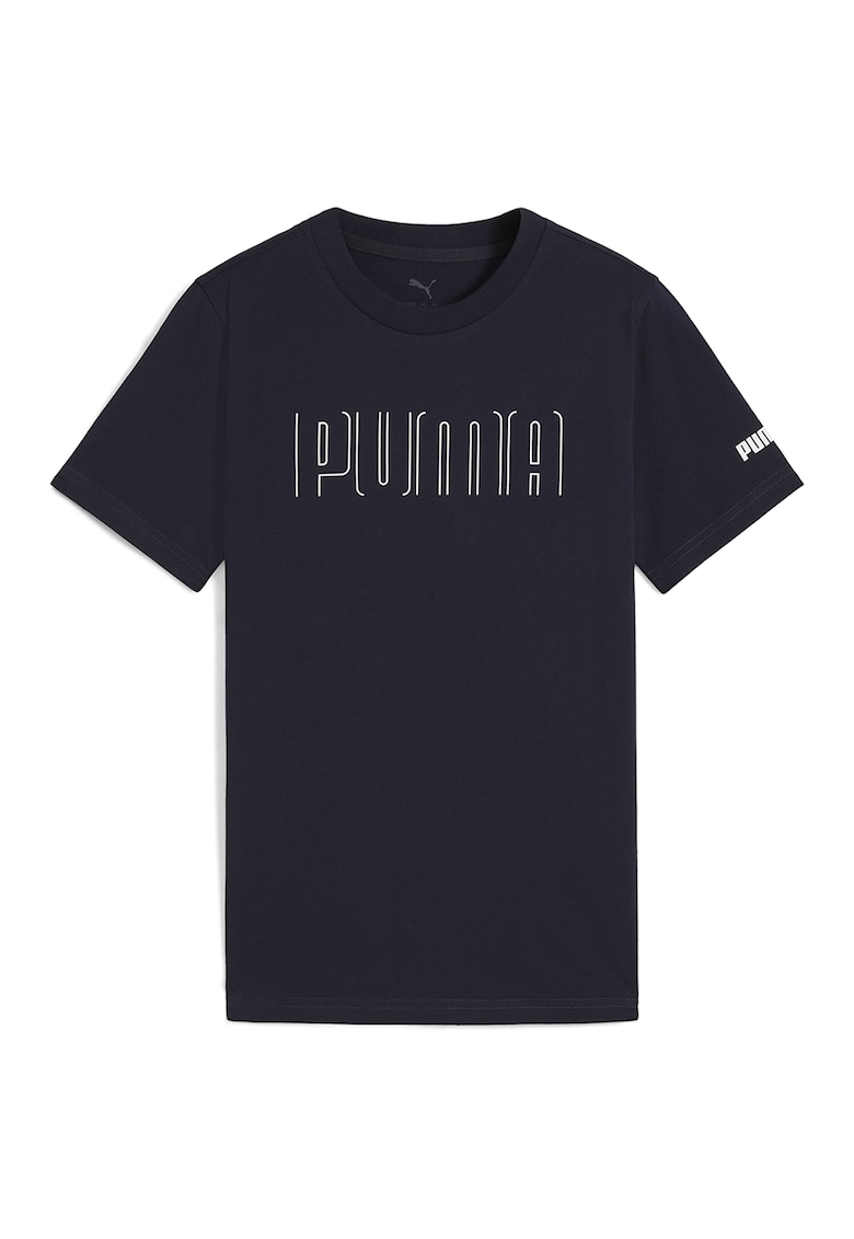 Tricou cu decolteu la baza gatului si imprimeu logo, Bleumarin