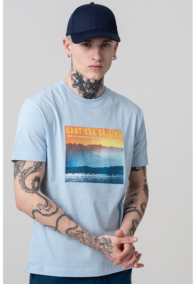 Tricou din bumbac cu imprimeu grafic, Albastru pastel