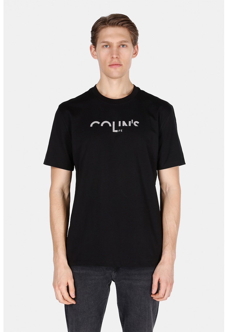 Tricou cu imprimeu si decolteu la baza gatului - Negru