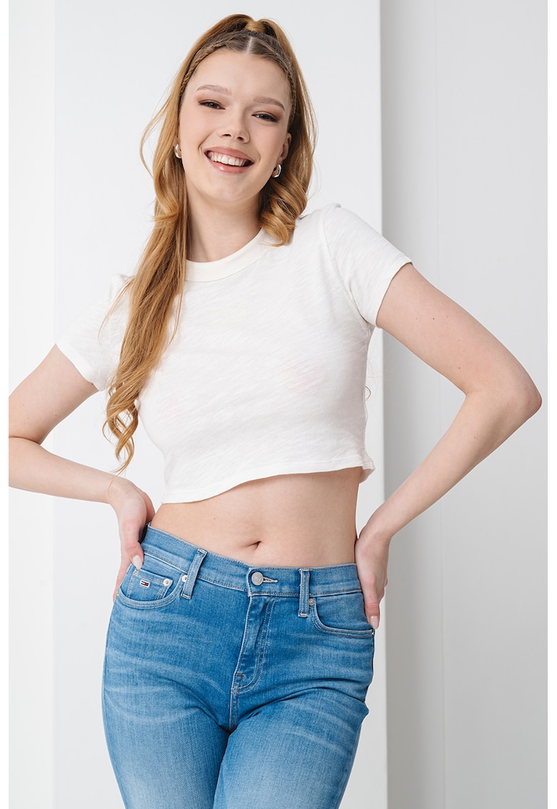 Tricou crop cu decolteu la baza gatului - Alb fildes