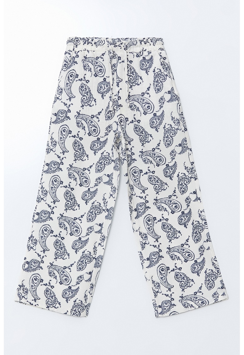 Pantaloni cu talie elastica si model paisley - Alb/Bleumarin