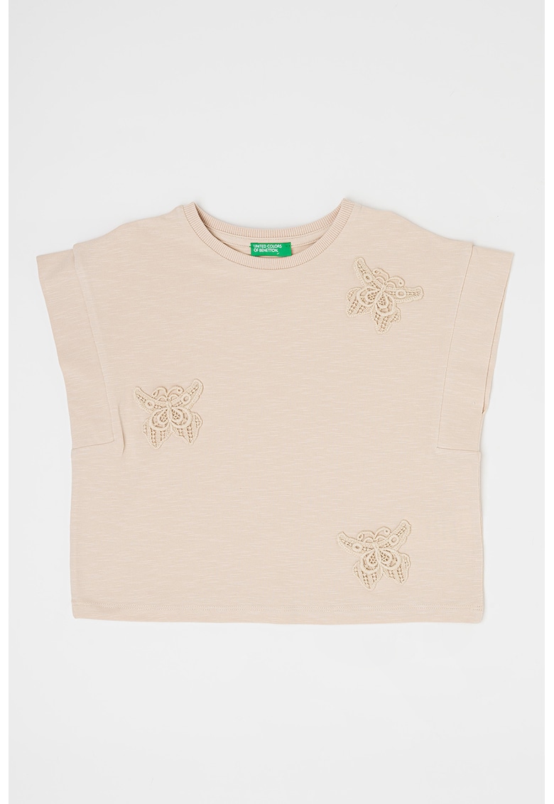 Tricou cu decolteu la baza gatului si broderii florale, Maro nisip