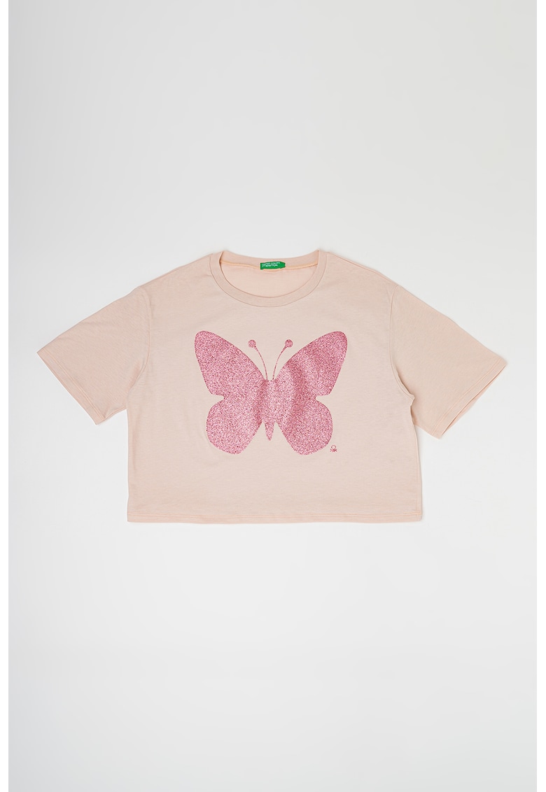 Tricou cu decolteu la baza gatului si imprimeu stralucitor - Roz aprins/Piersica