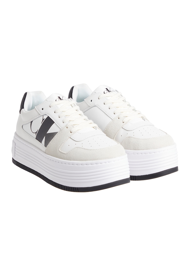 Pantofi sport flatform din piele si piele intoarsa - Alb/Negru