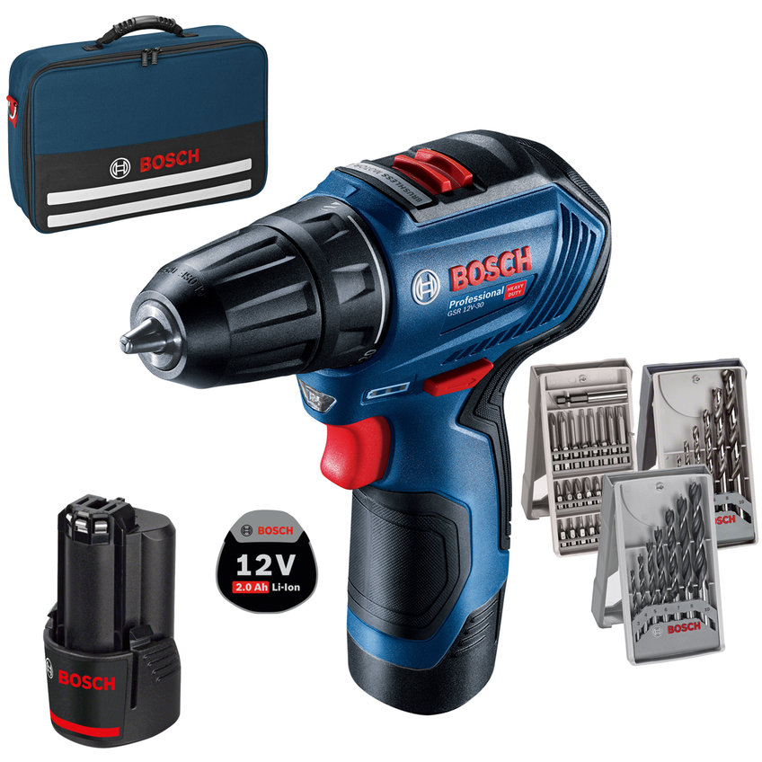 Masina de Gaurit si Insurubat Brushless cu 2 Acumulatori Li-Ion 2Ah 30Nm + Accesorii GSR 12V-30