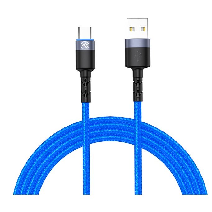 Cablu de date Type-C cu LED 3A nailon 1.2m Albastru