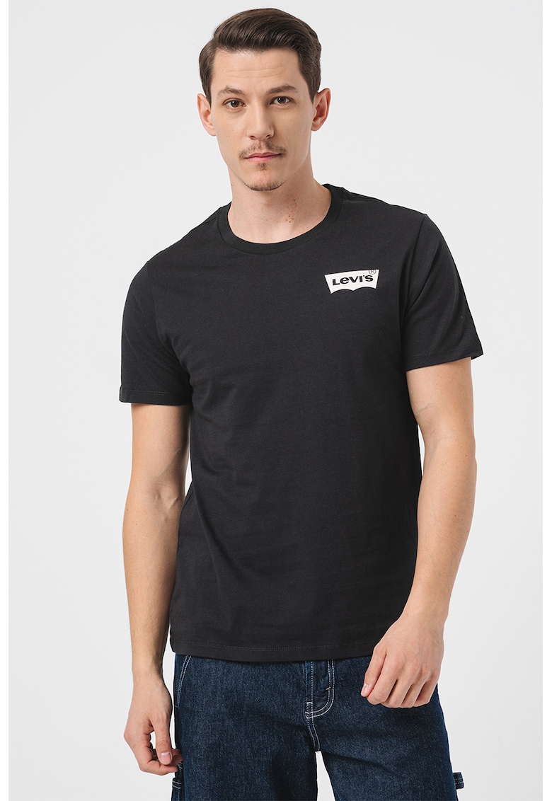 Tricou din bumbac cu decolteu la baza gatului si logo - Negru