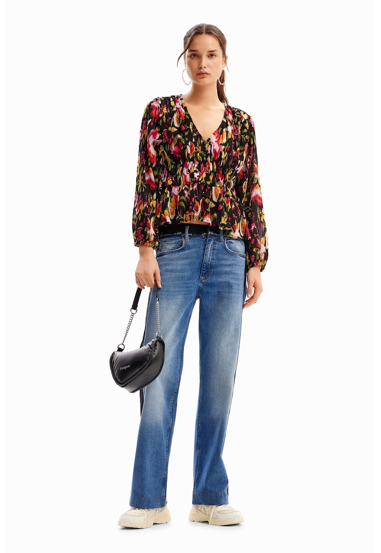 Bluza cu decolteu in V si imprimeu floral - Negru/Galben pai/Verde aquamarin