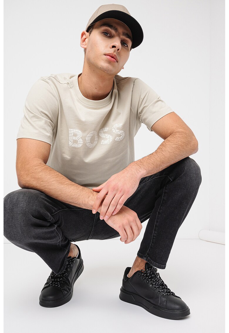 Tricou cu imprimeu logo si decolteu la baza gatului - Crem