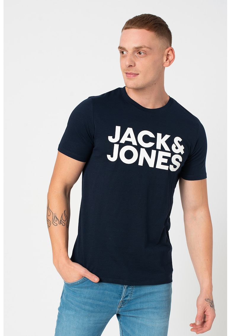 Tricou de bumbac organic cu detaliu cu imprimeu logo cauciucat - Bleumarin