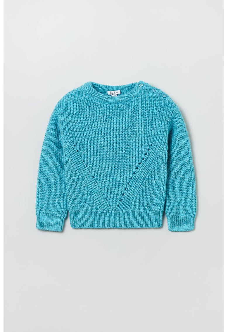 Pulover cu decolteu la baza gatului si detalii cu perforatii - Albastru deschis