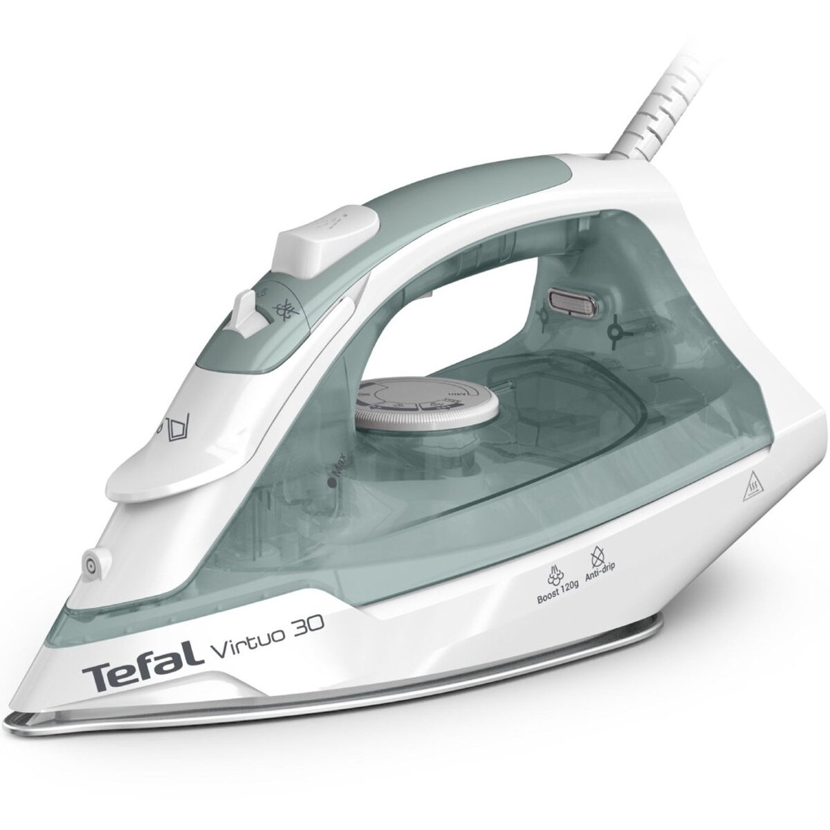 Fier de calcat cu abur Virtuo FV2C42E0, 2000W,  jet de abur 120 g/min, abur variabil 0-27 g/min, rezervor apa 240 ml, talpa ceramica, varf de precizie, sistem anticalcar, protectie antipicurare, verde & alb