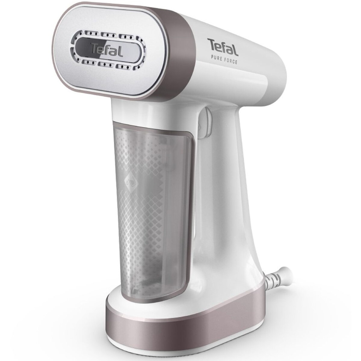 Aparat de calcat vertical cu abur 2 in 1 Pure Force DT8720E0, 1800W, jet de abur 90 g/min, variabil 0 - 35 g/min, rezervor apa 180 ml, 4 trepte abur, functie Boost, oprire automata, autonomie rezervor apa 12 min, incalzire rapida in 25 s, alb & gri