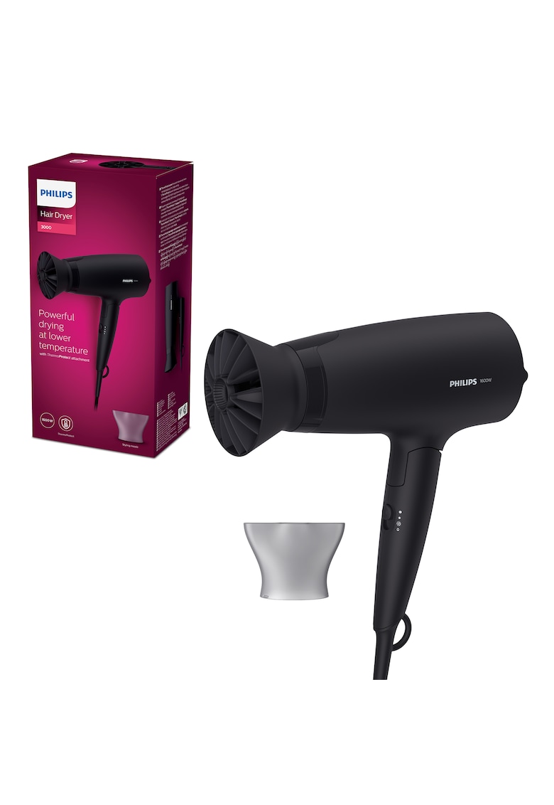 Uscator de par  BHD308/10 - 1600W - accesoriu Thermo Protect - 3 setari de viteza/temperatura - cap de coafare 14 mm - Negru