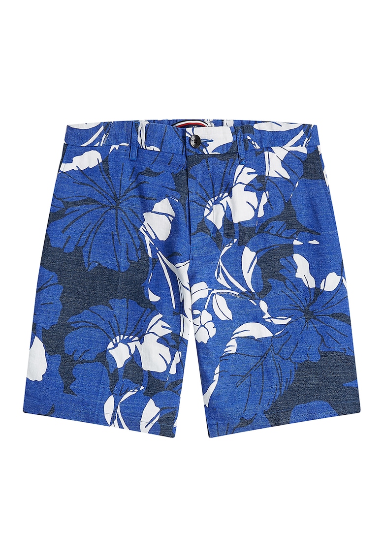 Pantaloni scurti din amestec de in cu model floral - Bleumarin