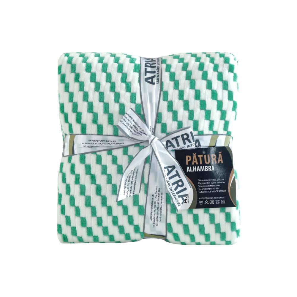 Patura pat Alhambra, poliester, alb/verde, 180 x 200 cm
