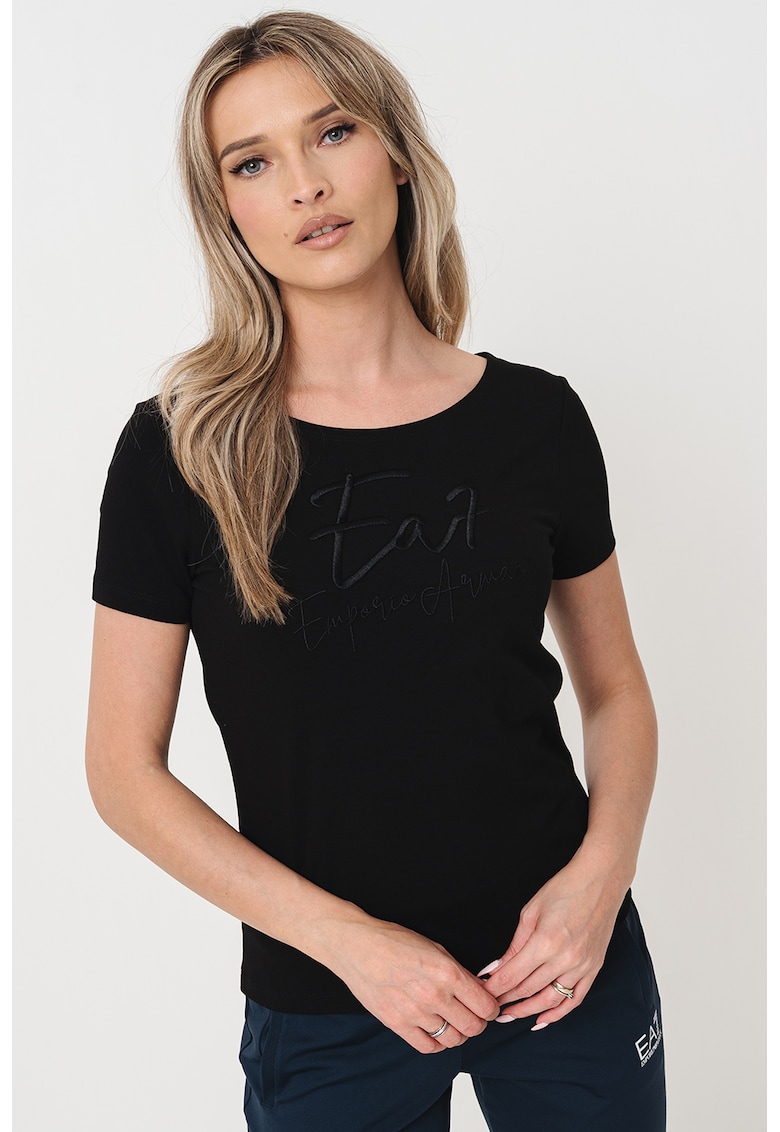 Tricou cu decolteu rotund si imprimeu logo, Negru