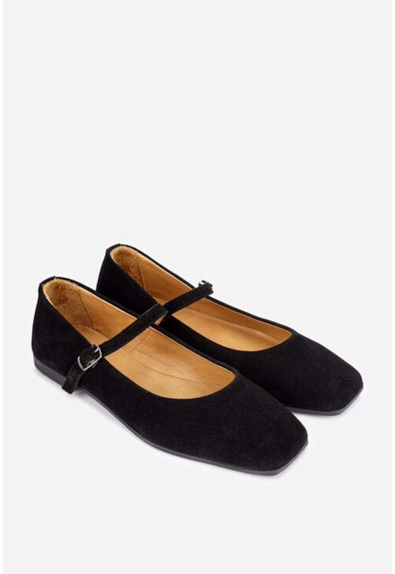 Balerini dama din piele intoarsa neagra cu varful patrat
