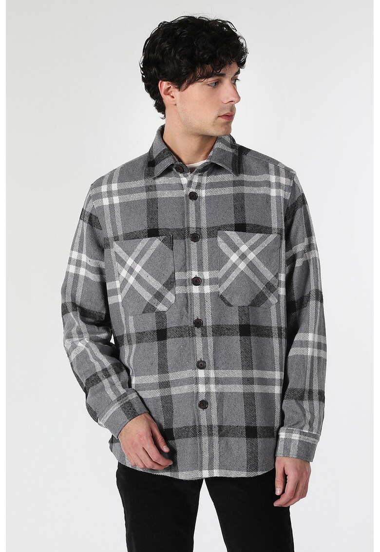 Camasa in carouri cu buzunar pe piept - Alb/Gri