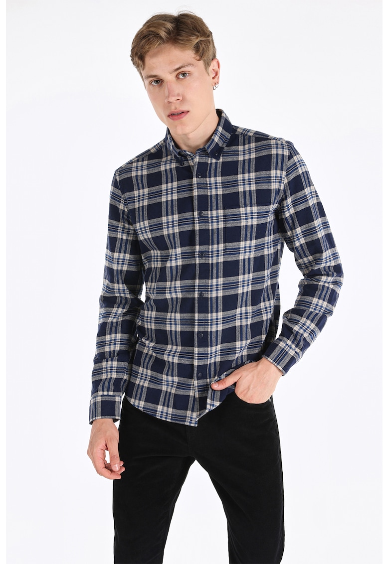 Camasa cu model in carouri si guler Oxford - Bej/Bleumarin