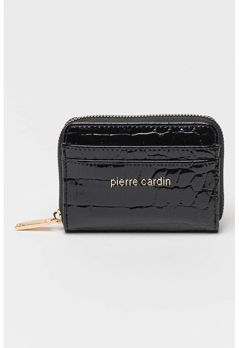 Portofel cu aspect de piele de crocodil -fermoar si logo - Negru