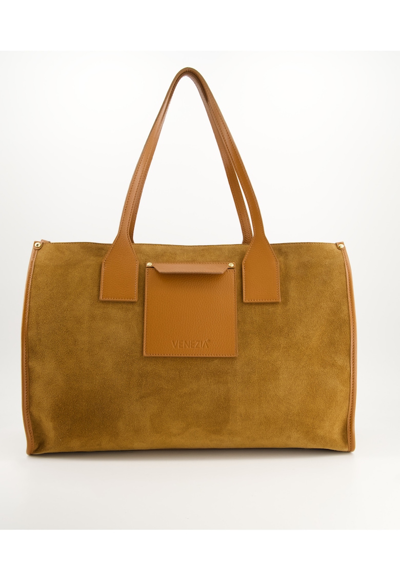 Geanta dama shopper - piele intoarsa - maro - 32x44x17cm - cu 3 buzunare interioare si 1 exterior - lungime manere 50cm