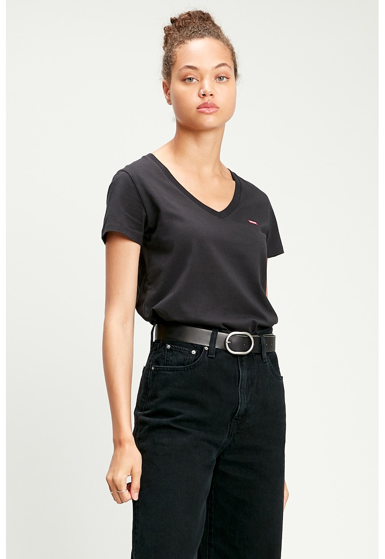 Tricou din bumbac cu decolteu in V si dungi - Negru