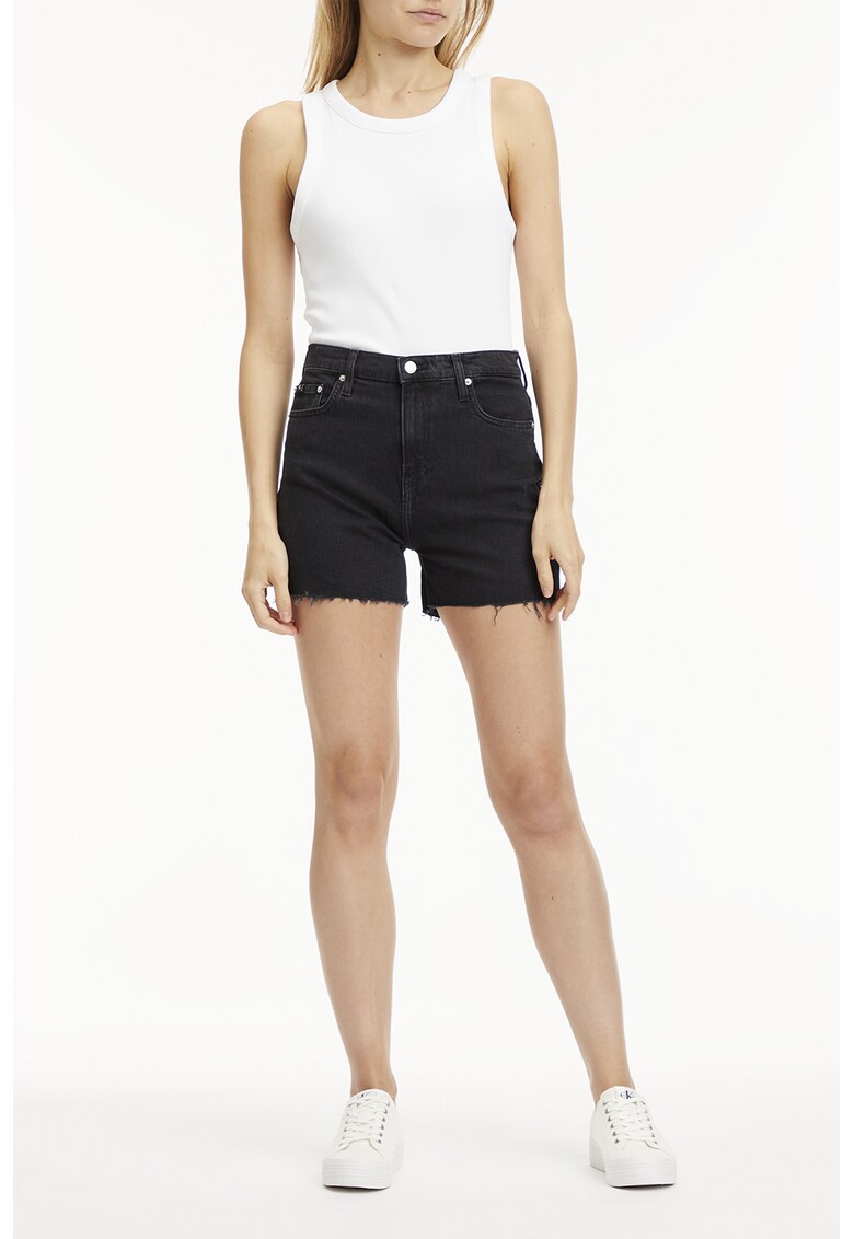 Pantaloni scurti de denim cu terminatii franjurate - Negru