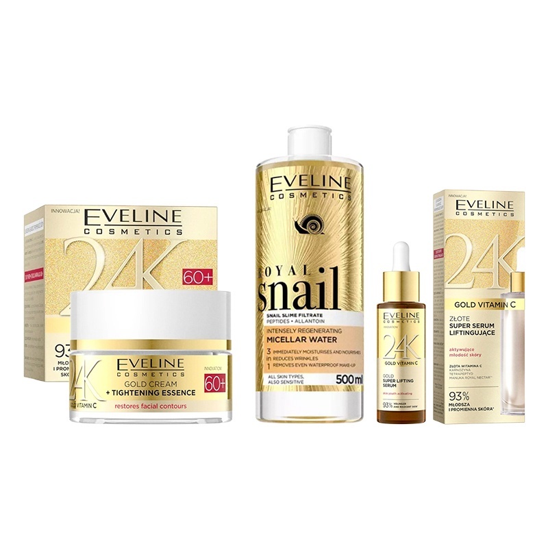 Set Eveline Cosmetics 24K Gold – Crema 60+, 50ml, Ser Lifting 30ml si Apa Micelara Royal Snail 500ml