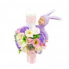 Lumanare botez decorata cu flori de sapun si jucarie Bebe iepuras ARBC
