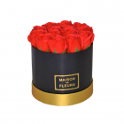 Aranjament floral cutie rotunda neagra cu trandafiri de sapun rosii CU