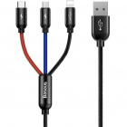 Cablu de date 3 in 1 USB Type C Lightning Micro USB 30cm Negru